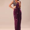 Wine Embroidered Pre Stitched Saree With Blouse