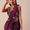 Wine Embroidered Pre Stitched Saree With Blouse