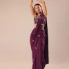 Wine Embroidered Pre Stitched Saree With Blouse
