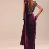 Wine Embroidered Pre Stitched Saree With Blouse