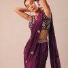 Wine Embroidered Pre Stitched Saree With Blouse