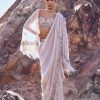 Ivory Hand Embroidered Tissue Pre Stitched Saree With Cape