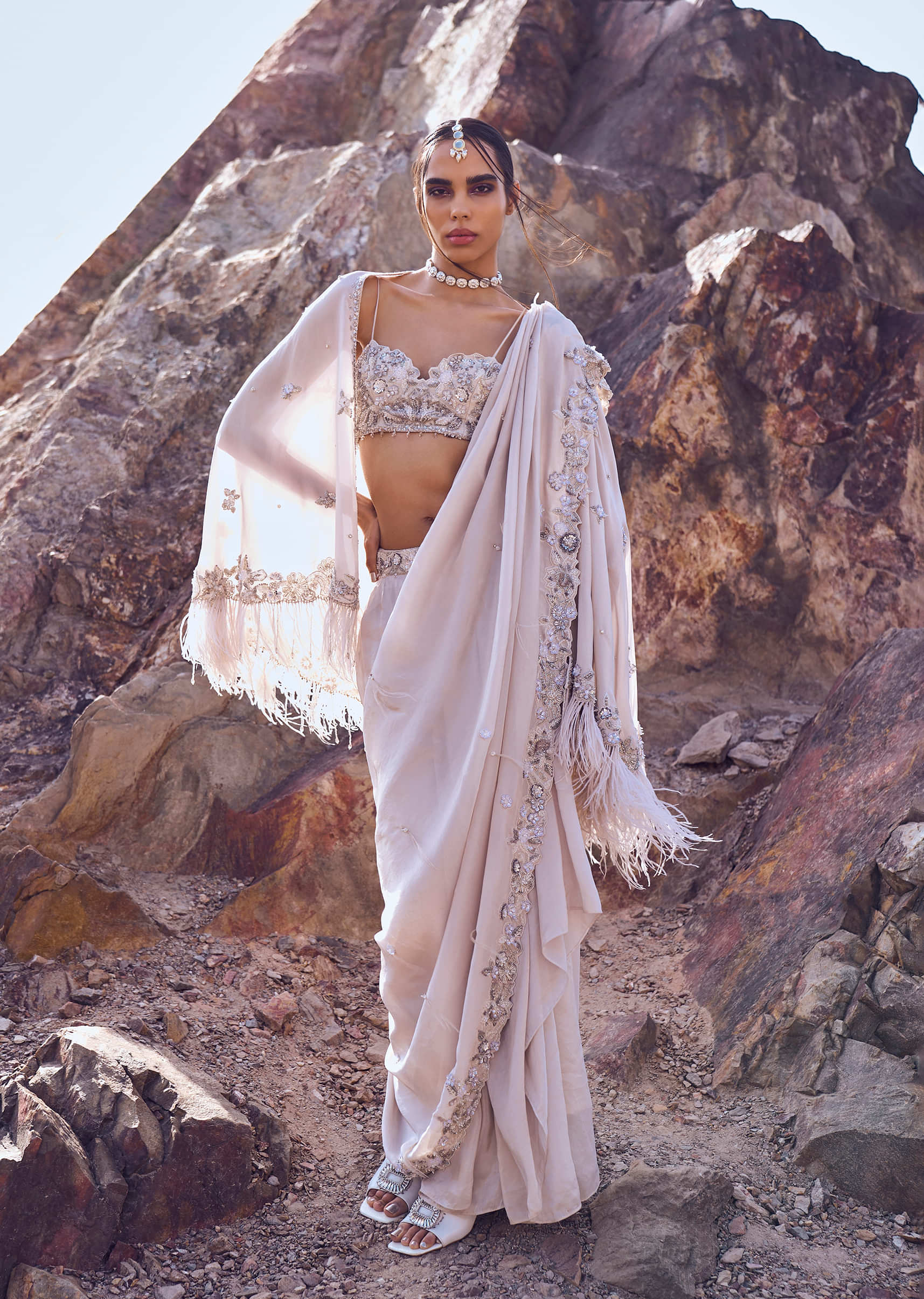2336-ivory-hand-embroidered-tissue-pre-stitched-saree-with-cape-1.jpg Ivory Hand Embroidered Tissue Pre Stitched Saree With Cape