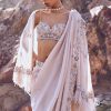 Ivory Hand Embroidered Tissue Pre Stitched Saree With Cape