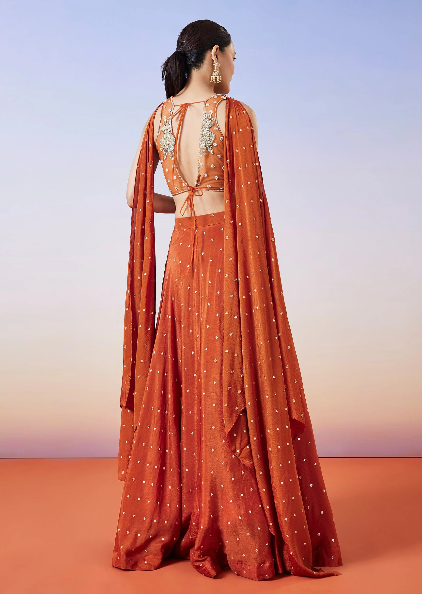 Orange Scattered Butti Embroidered Lehenga With Dupatta