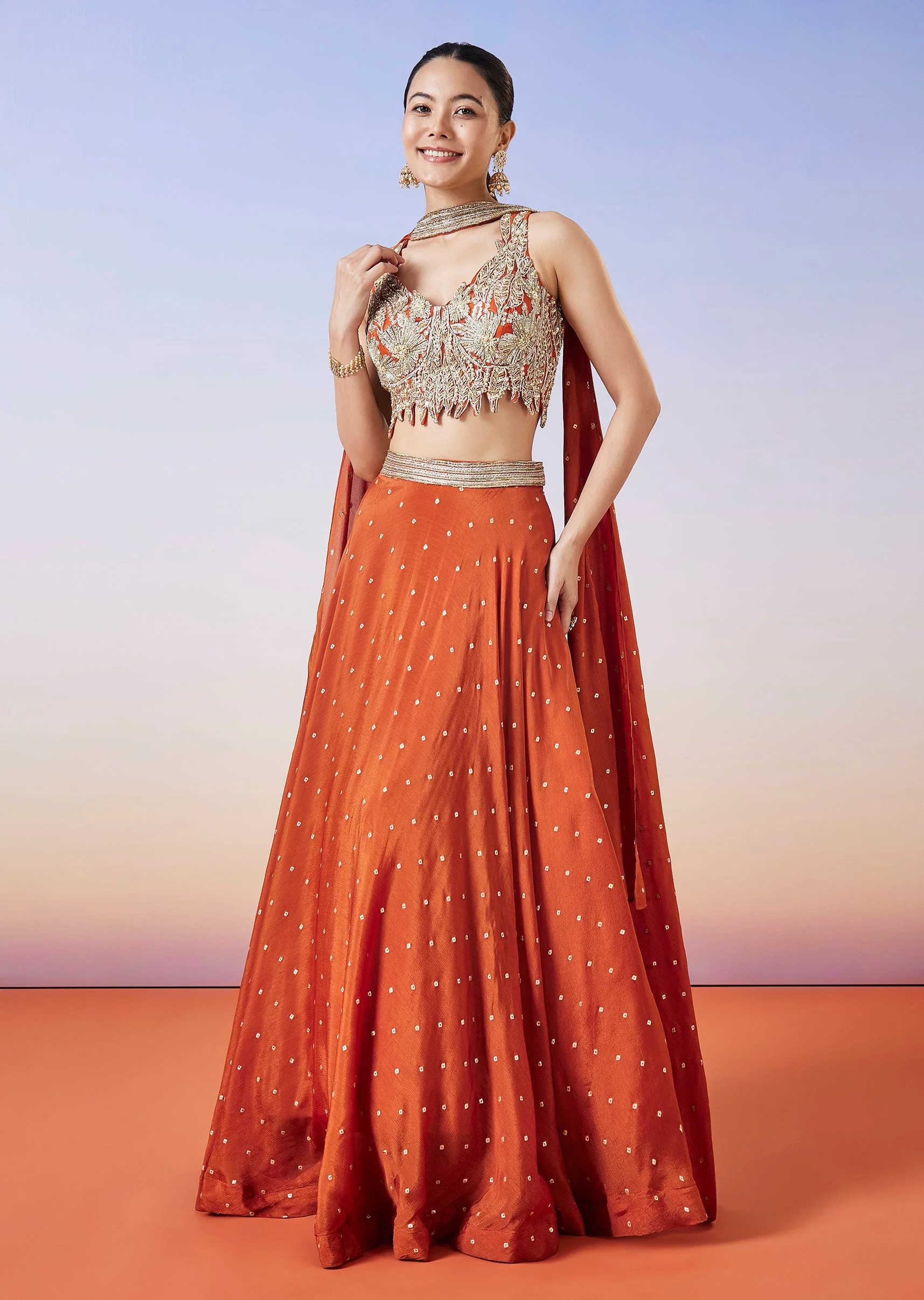 Orange Scattered Butti Embroidered Lehenga With Dupatta
