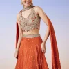 Orange Scattered Butti Embroidered Lehenga With Dupatta