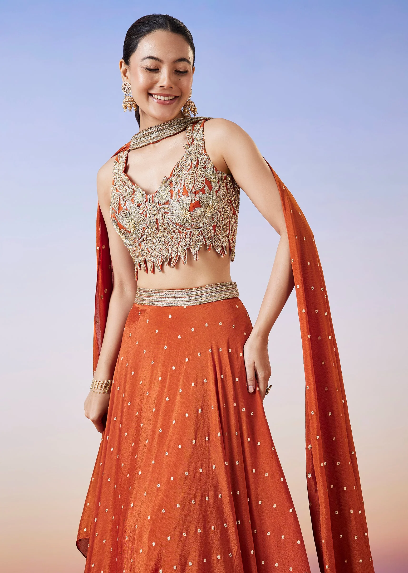 Orange Scattered Butti Embroidered Lehenga With Dupatta