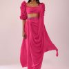 Rani Pink Drape Saree With Fancy Blouse In Crepe