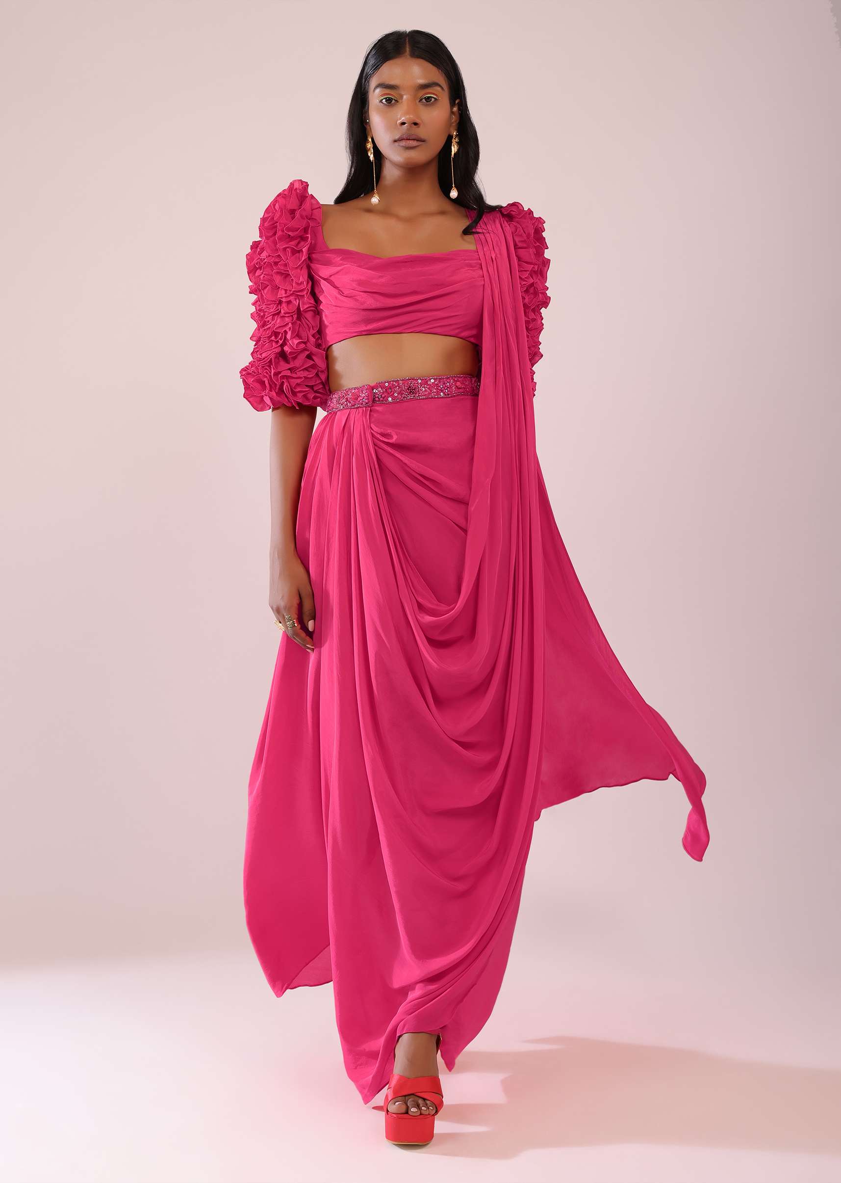 2386-rani-pink-drape-saree-with-fancy-blouse-in-crepe-1.jpg Rani Pink Drape Saree With Fancy Blouse In Crepe