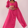 Rani Pink Drape Saree With Fancy Blouse In Crepe