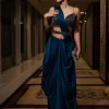 Persian Blue Pre-Pleated Satin Saree With Embroidered Blouse And Belt