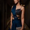 Persian Blue Pre-Pleated Satin Saree With Embroidered Blouse And Belt