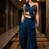 Persian Blue Pre-Pleated Satin Saree With Embroidered Blouse And Belt