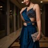 Persian Blue Pre-Pleated Satin Saree With Embroidered Blouse And Belt