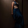 Persian Blue Pre-Pleated Satin Saree With Embroidered Blouse And Belt