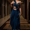 Persian Blue Pre-Pleated Satin Saree With Embroidered Blouse And Belt