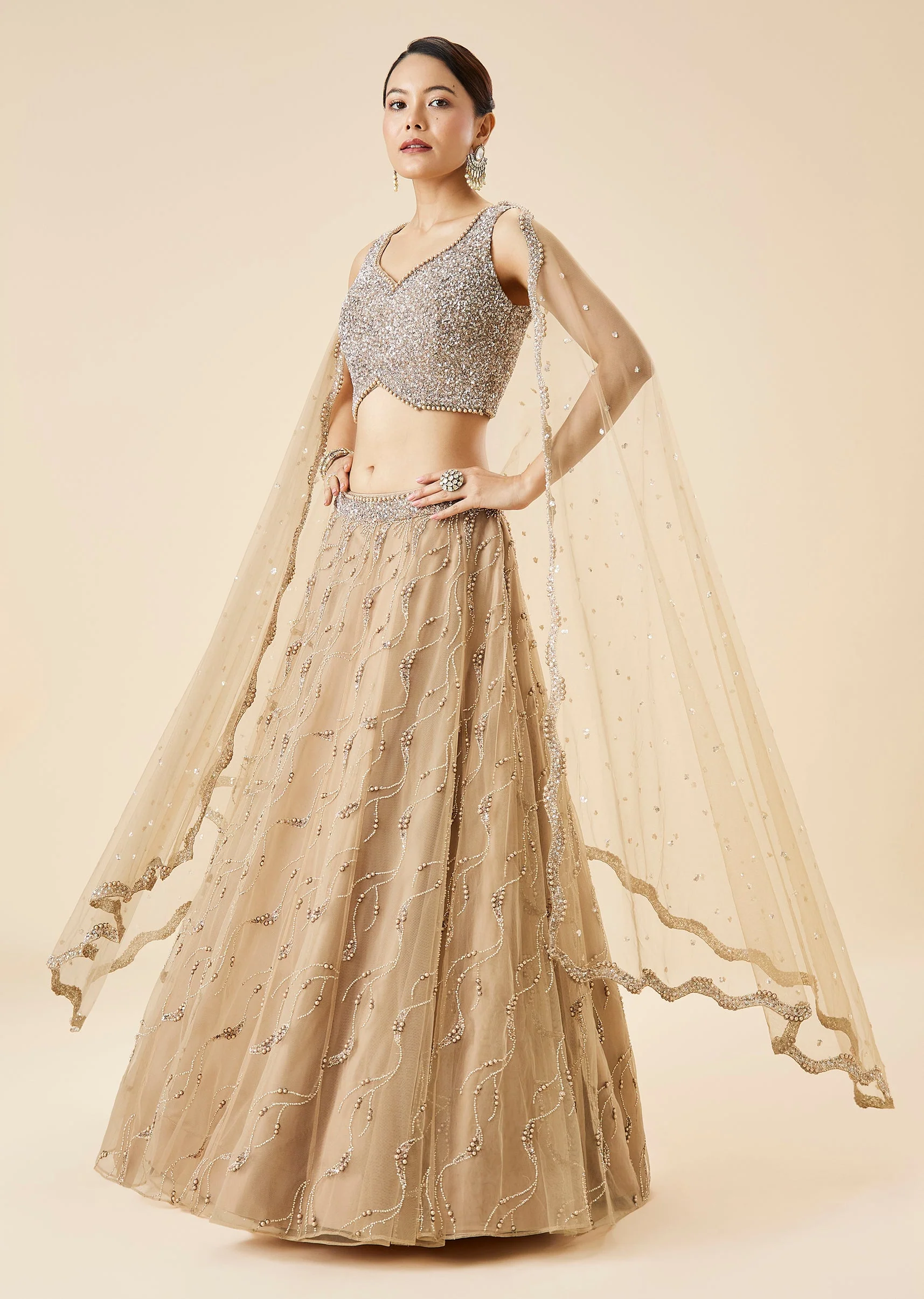 Beige Pastel Embroidered Bridal Lehenga Set With Dupatta