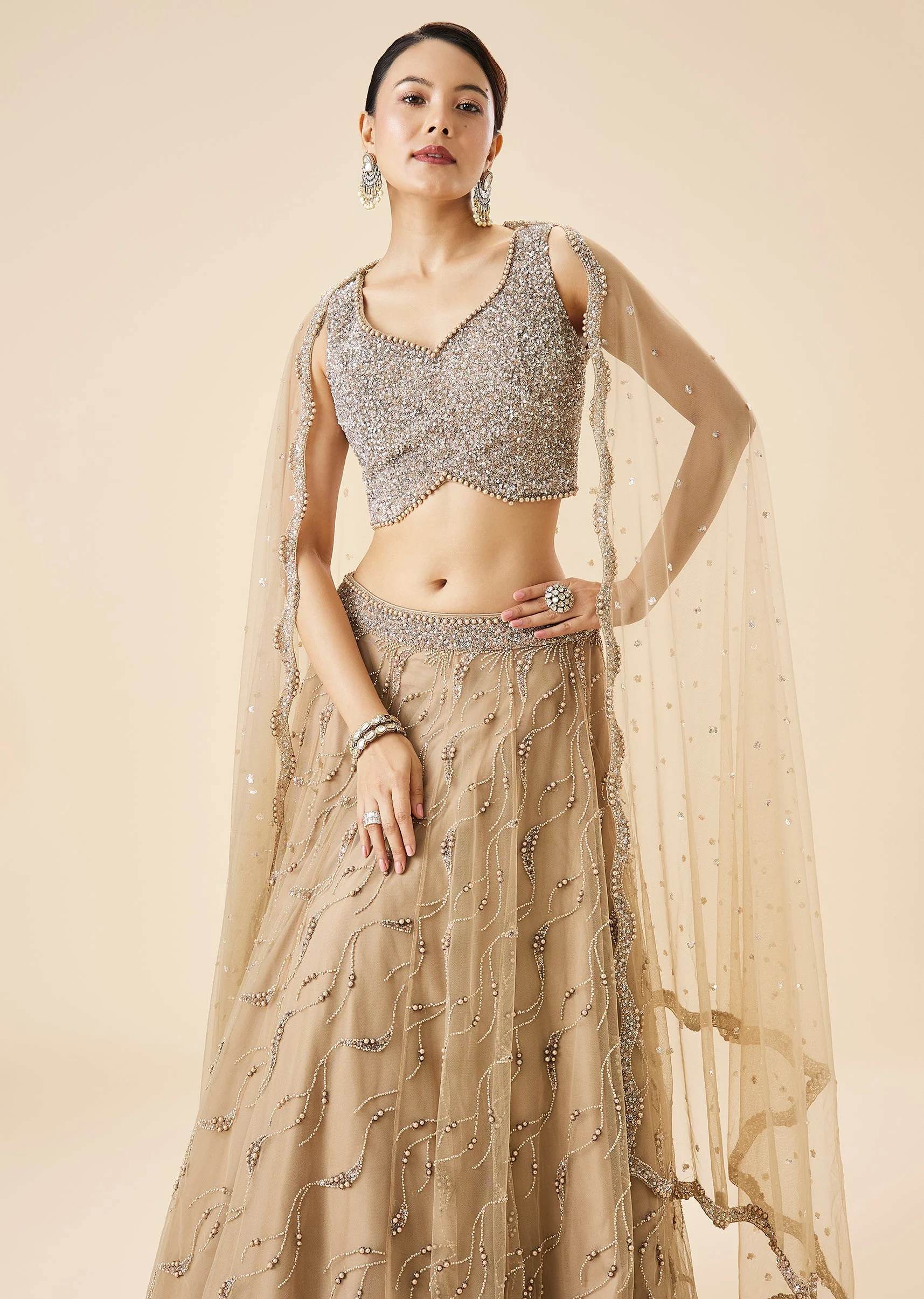 Beige Pastel Embroidered Bridal Lehenga Set With Dupatta