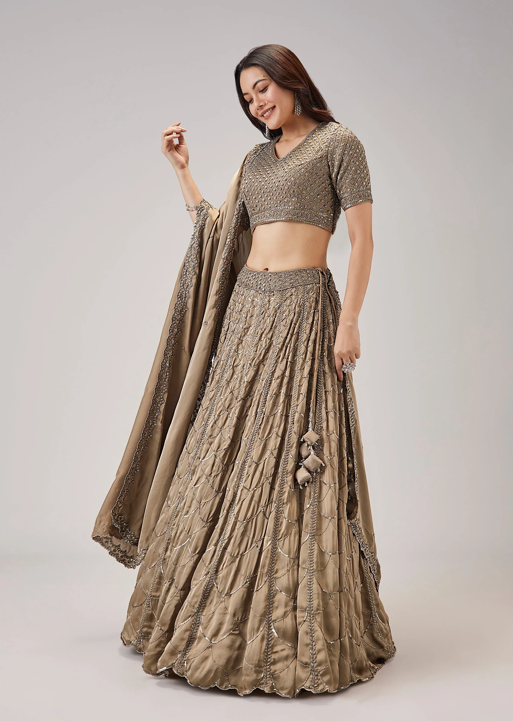 Beige Cut Dana With Sequins Embroidered Lehenga