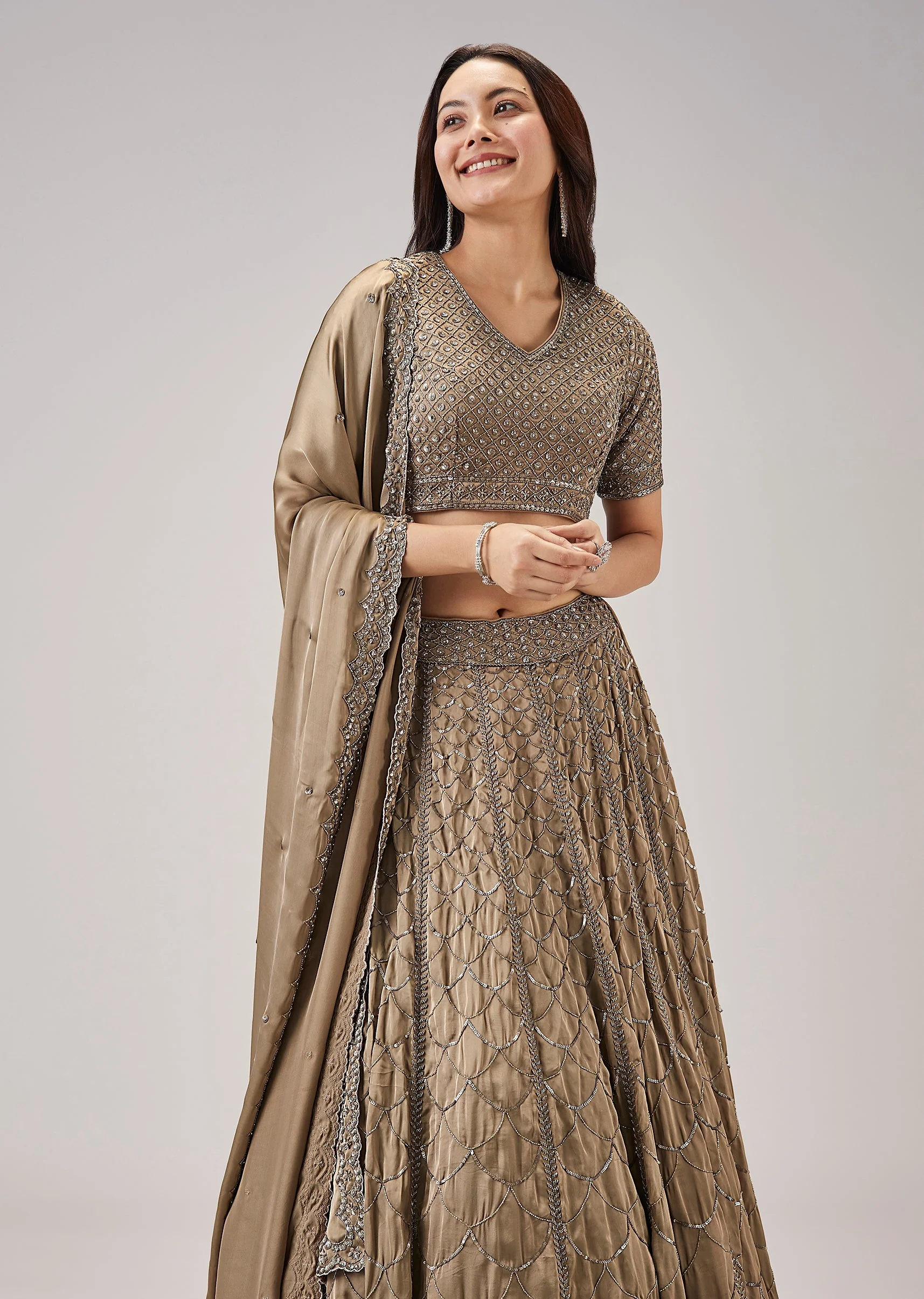 Beige Cut Dana With Sequins Embroidered Lehenga