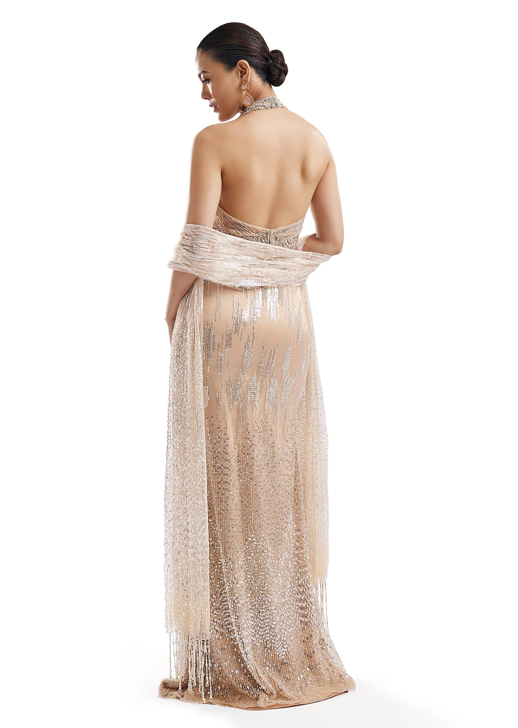 Beige Statement Halter Skirt Set With Dupatta