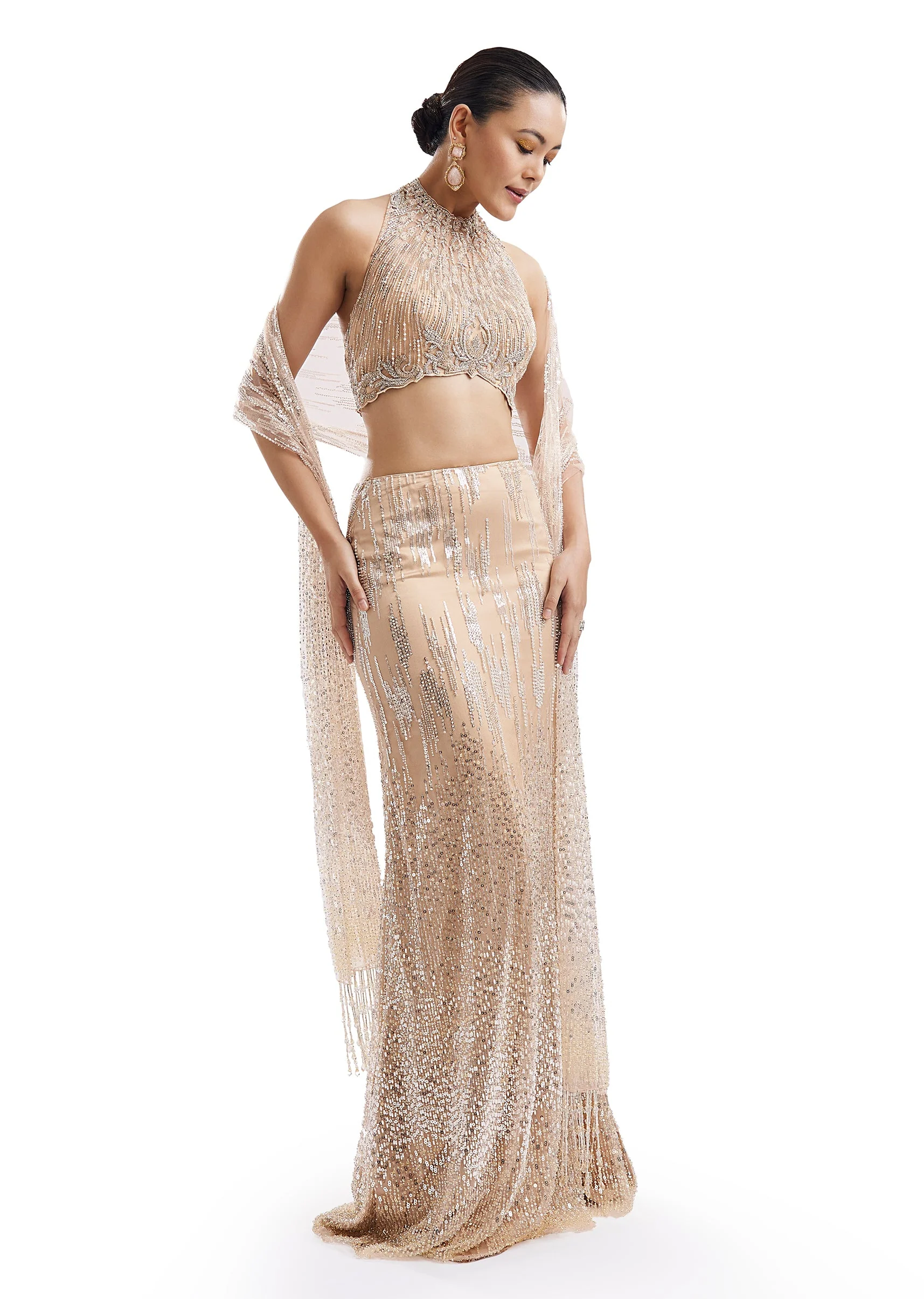 Beige Statement Halter Skirt Set With Dupatta