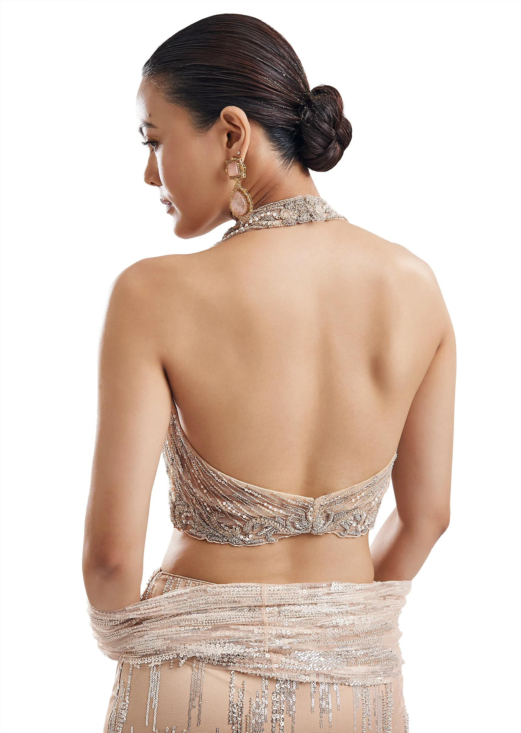 Beige Statement Halter Skirt Set With Dupatta