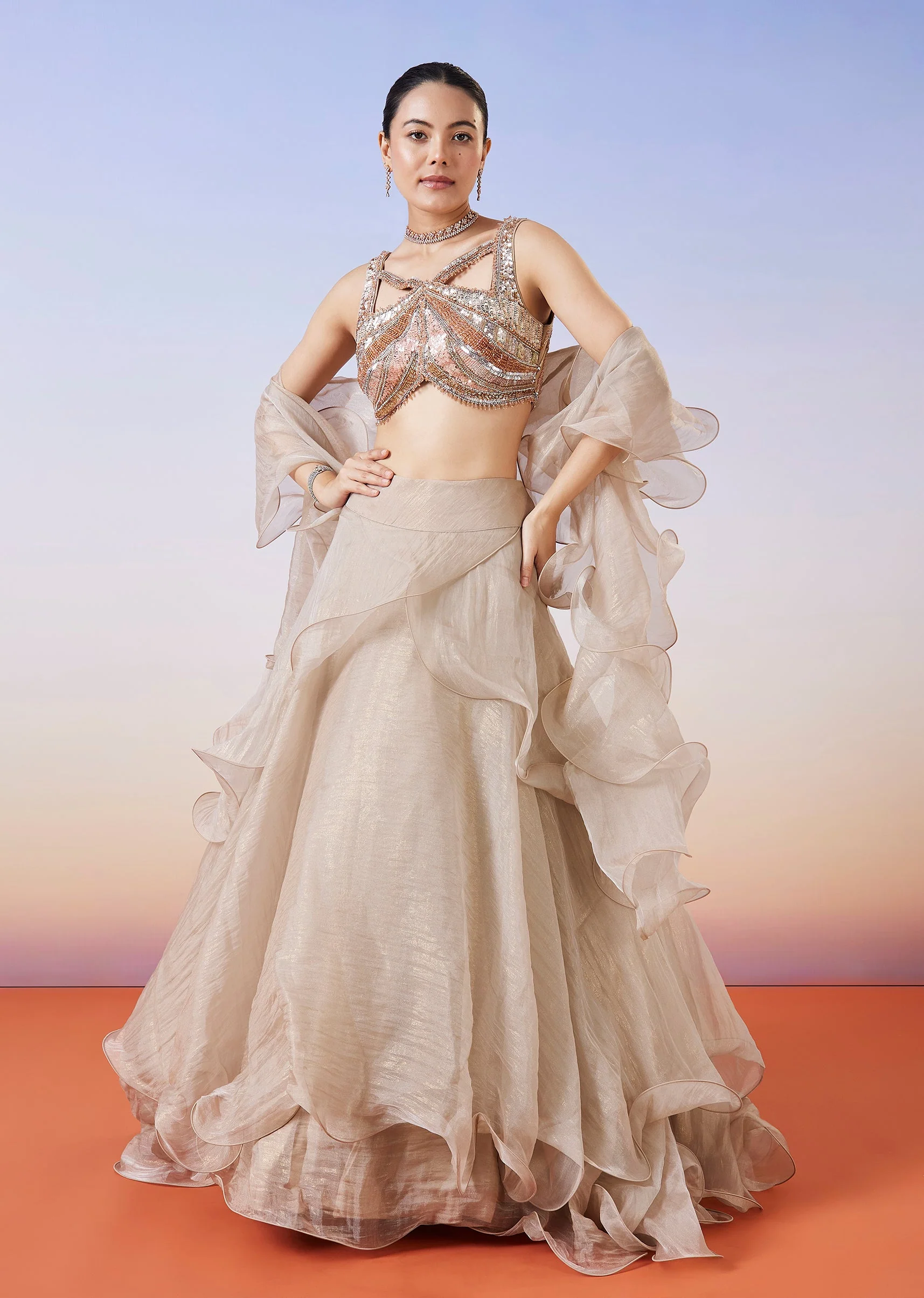 2456-beige-organza-layered-fusion-lehenga-with-dupatta-1.webp Beige Organza Layered Fusion Lehenga With Dupatta