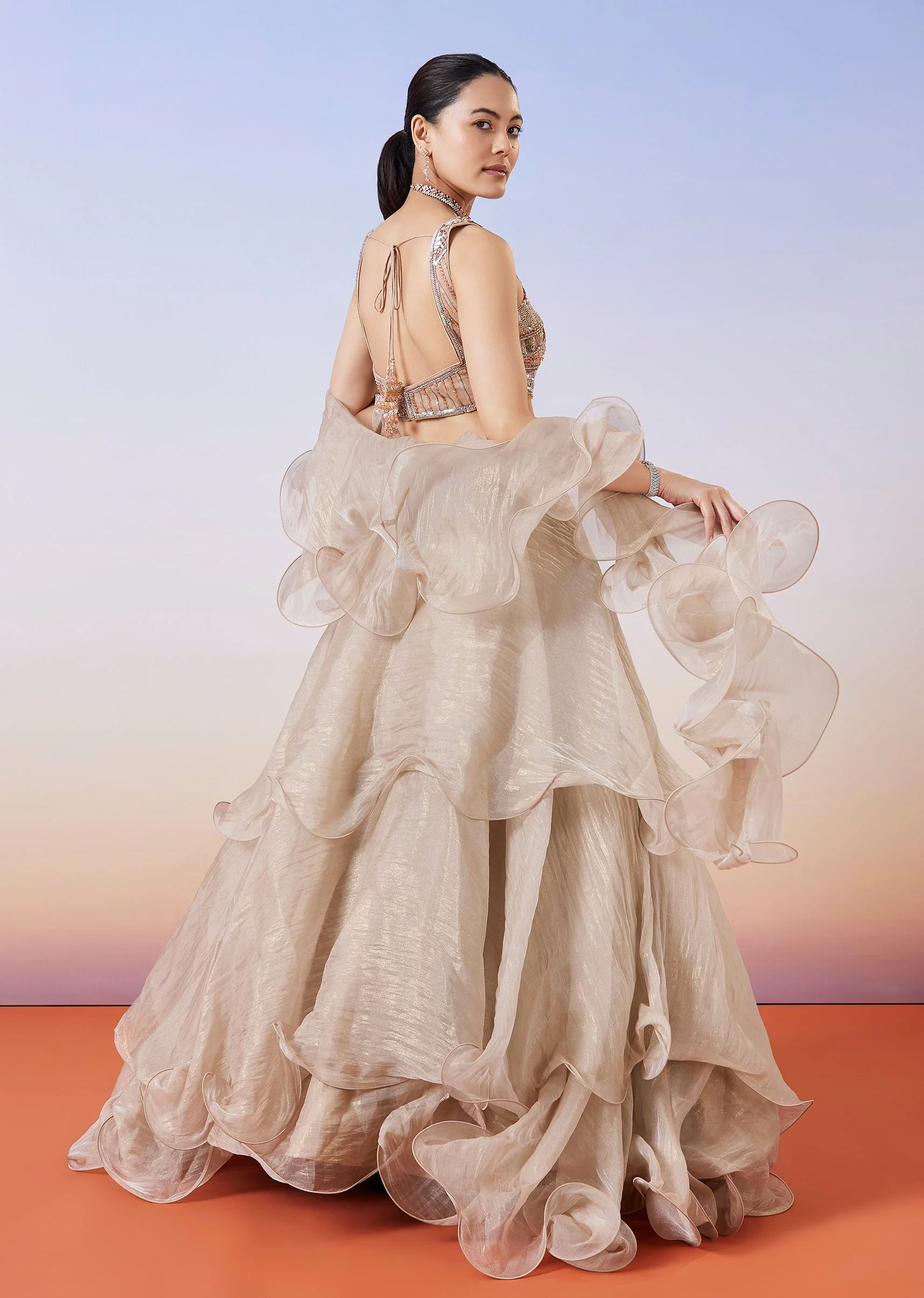 Beige Organza Layered Fusion Lehenga With Dupatta