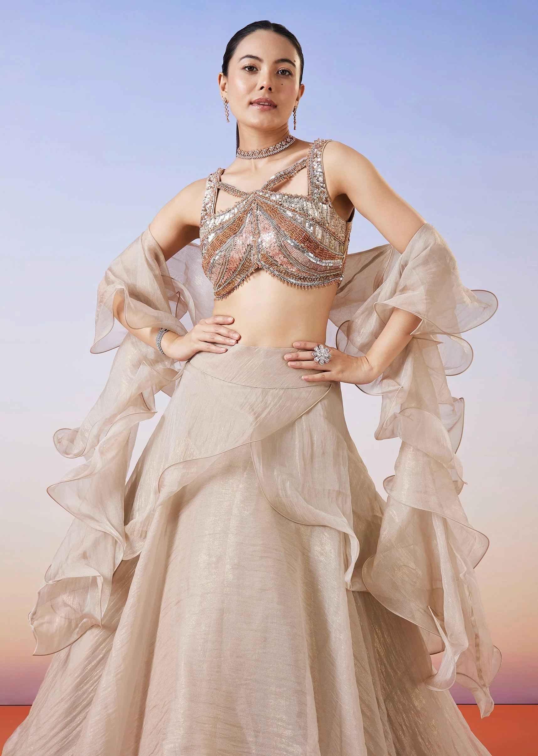 Beige Organza Layered Fusion Lehenga With Dupatta