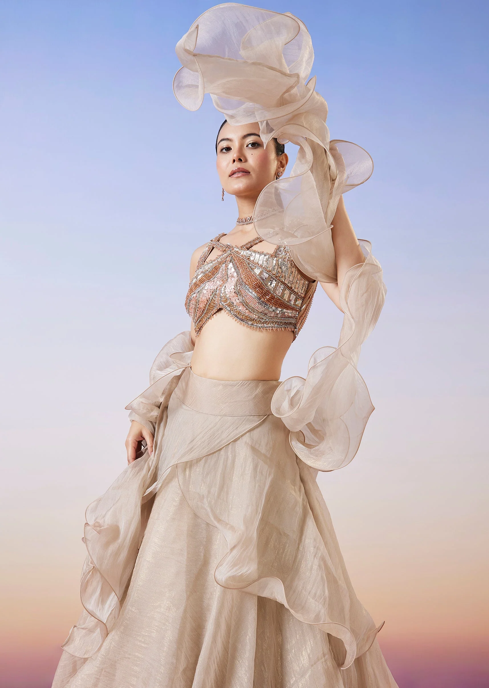 Beige Organza Layered Fusion Lehenga With Dupatta