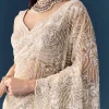 Beige Net Floral Jaal Sequin Work Saree with Unstitched Blouse