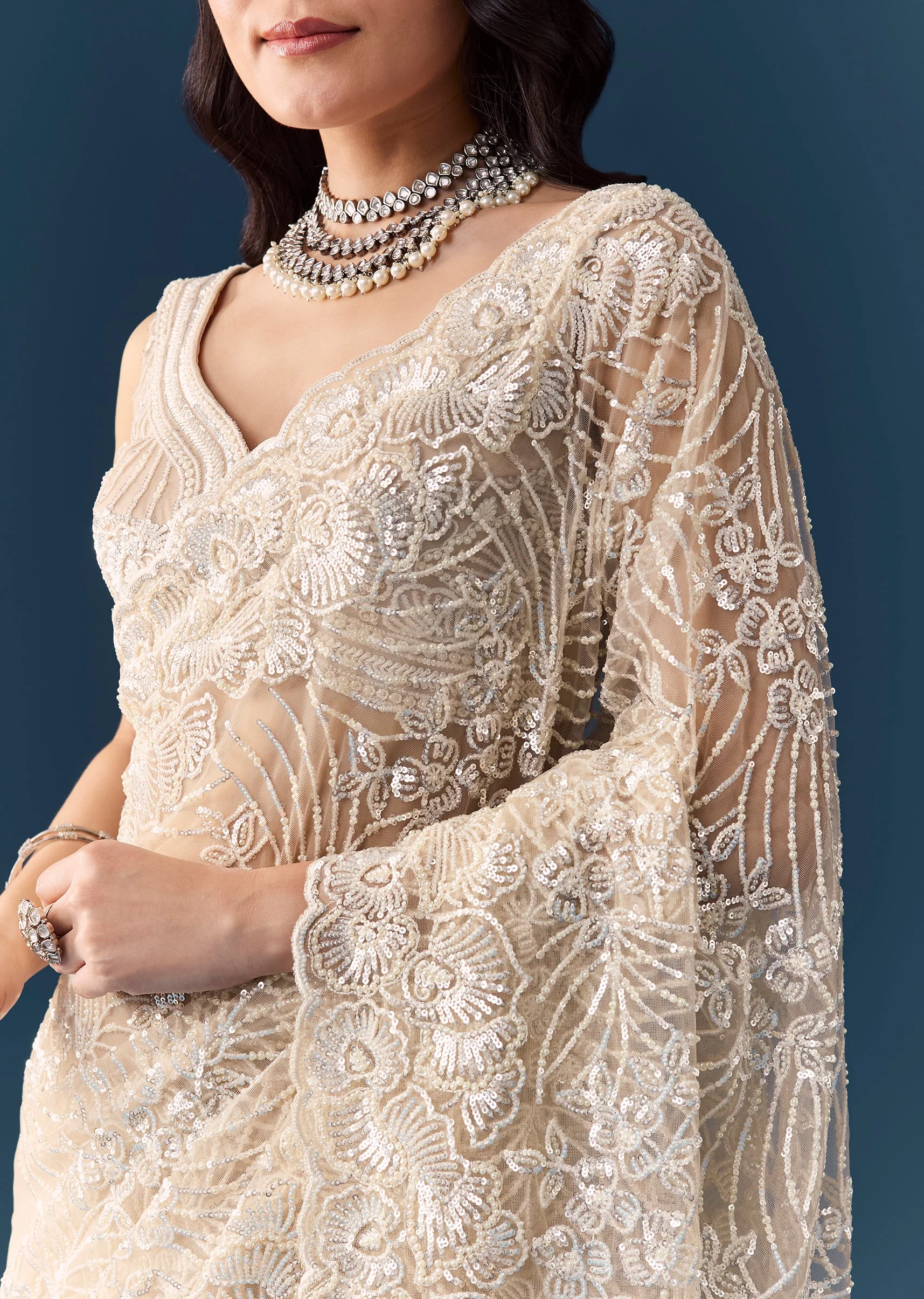 Beige Net Floral Jaal Sequin Work Saree with Unstitched Blouse