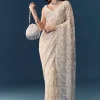 Beige Net Floral Jaal Sequin Work Saree with Unstitched Blouse