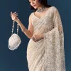 Beige Net Floral Jaal Sequin Work Saree with Unstitched Blouse