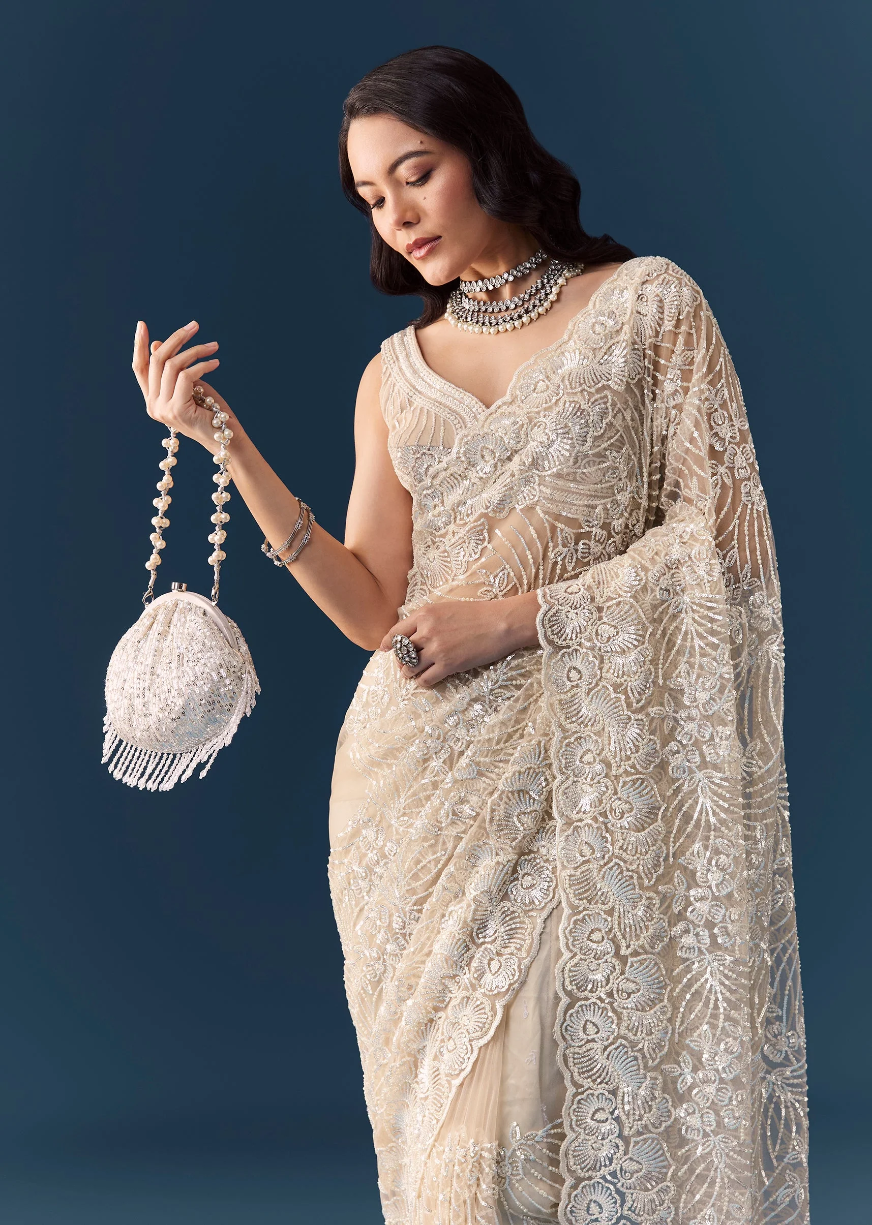 Beige Net Floral Jaal Sequin Work Saree with Unstitched Blouse
