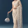 Beige Net Floral Jaal Sequin Work Saree with Unstitched Blouse