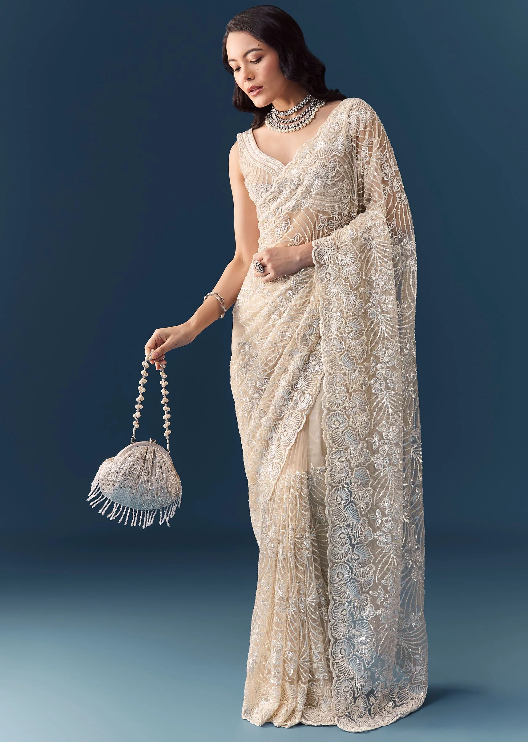 2465-unstitched-fabric-only-unstitched-fabric-only-variation-1.webp Beige Net Floral Jaal Sequin Work Saree with Unstitched Blouse