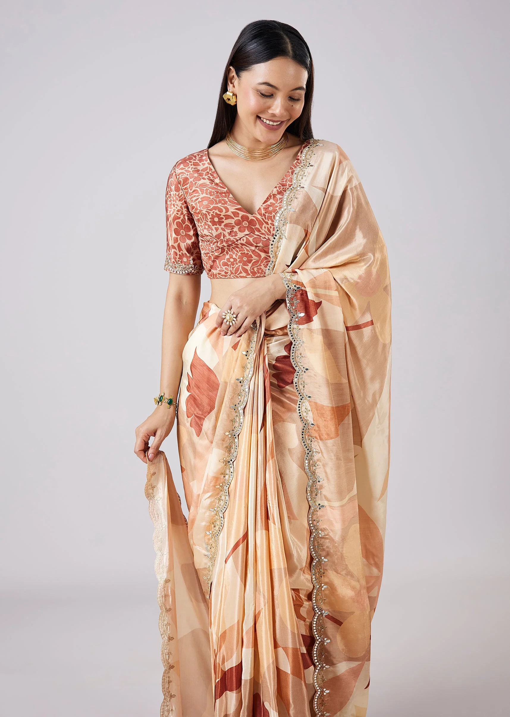 Beige Abstract Print Saree with Blouse