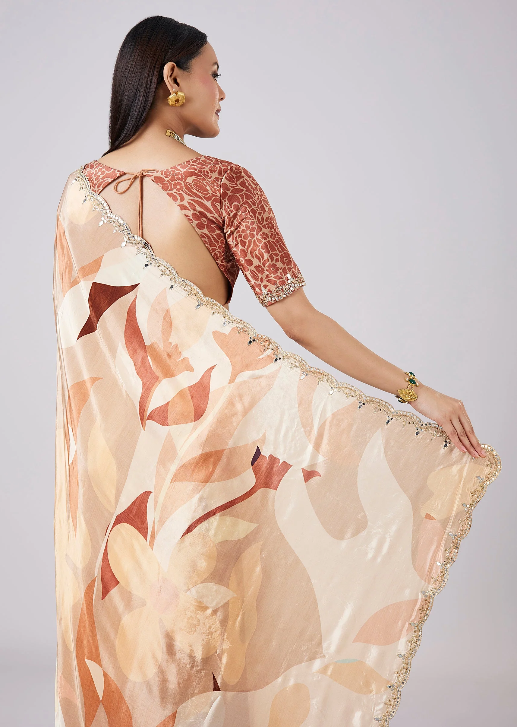 Beige Abstract Print Saree with Blouse