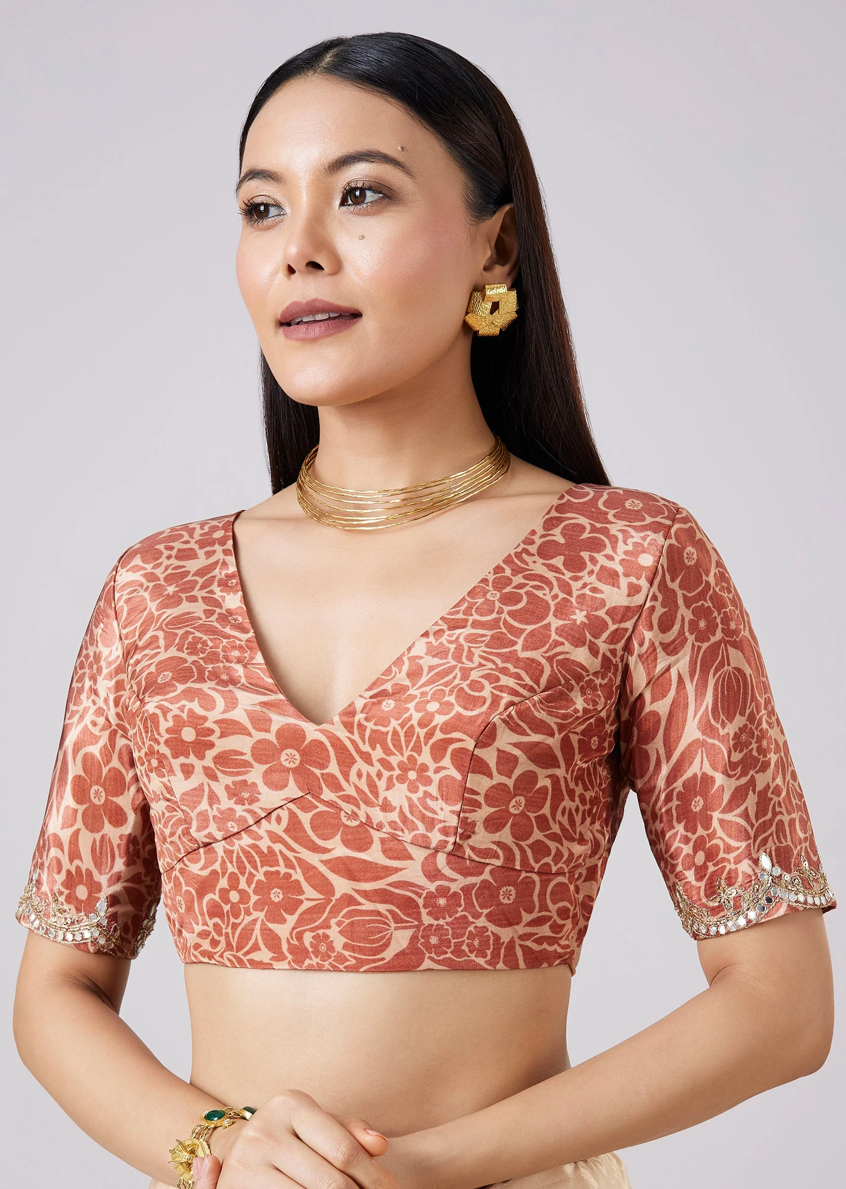 Beige Abstract Print Saree with Blouse