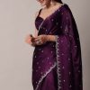 Purple Satin Chinon Saree With Stone Work And Unstitched Blouse Piece