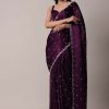 Purple Satin Chinon Saree With Stone Work And Unstitched Blouse Piece