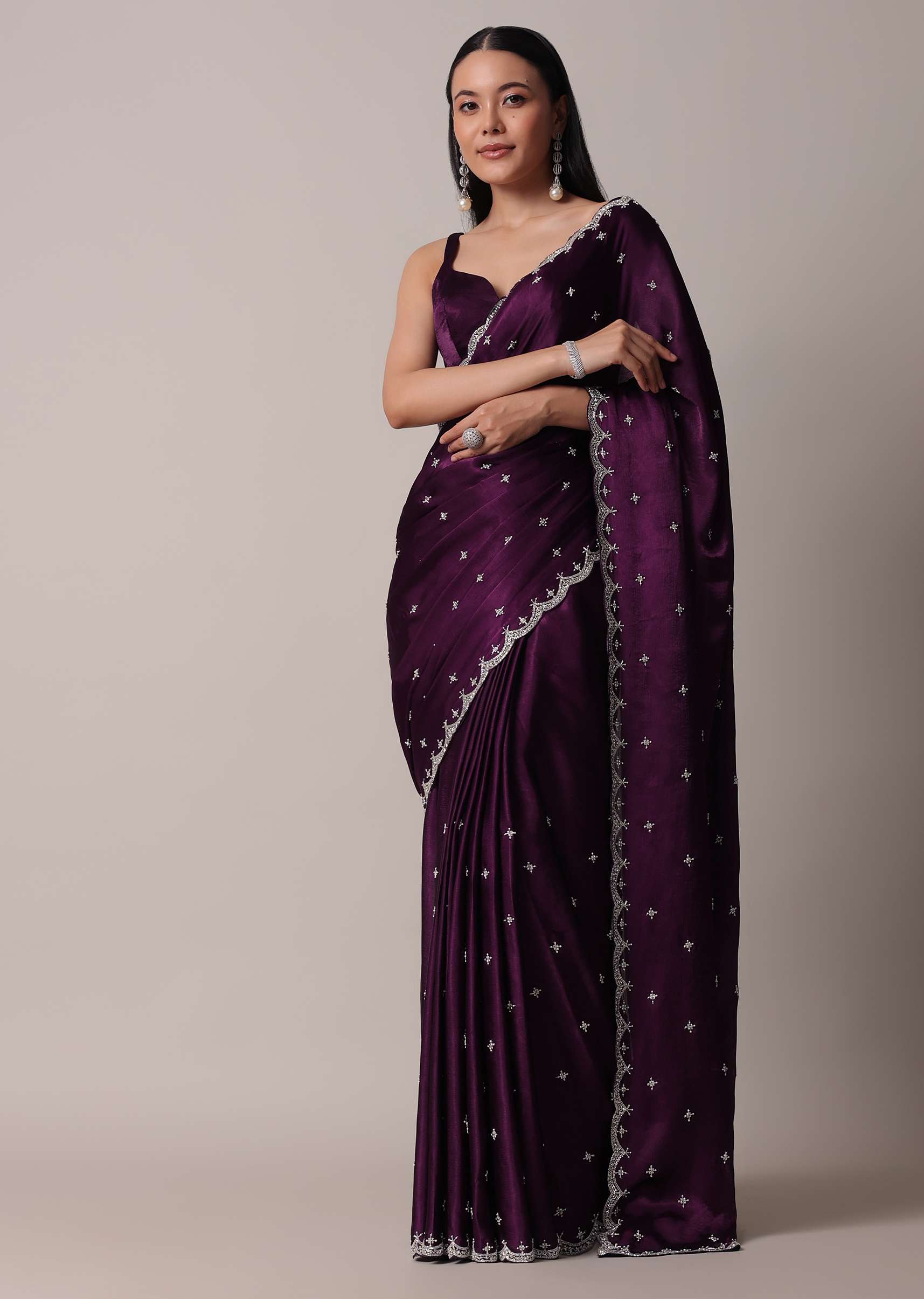 Purple Satin Chinon Saree With Stone Work And Unstitched Blouse Piece