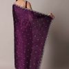 Purple Satin Chinon Saree With Stone Work And Unstitched Blouse Piece
