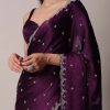Purple Satin Chinon Saree With Stone Work And Unstitched Blouse Piece