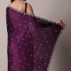 Purple Satin Chinon Saree With Stone Work And Unstitched Blouse Piece