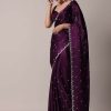 Purple Satin Chinon Saree With Stone Work And Unstitched Blouse Piece