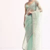 Sky Blue Embroidered Tissue Saree With Unstitched Blouse